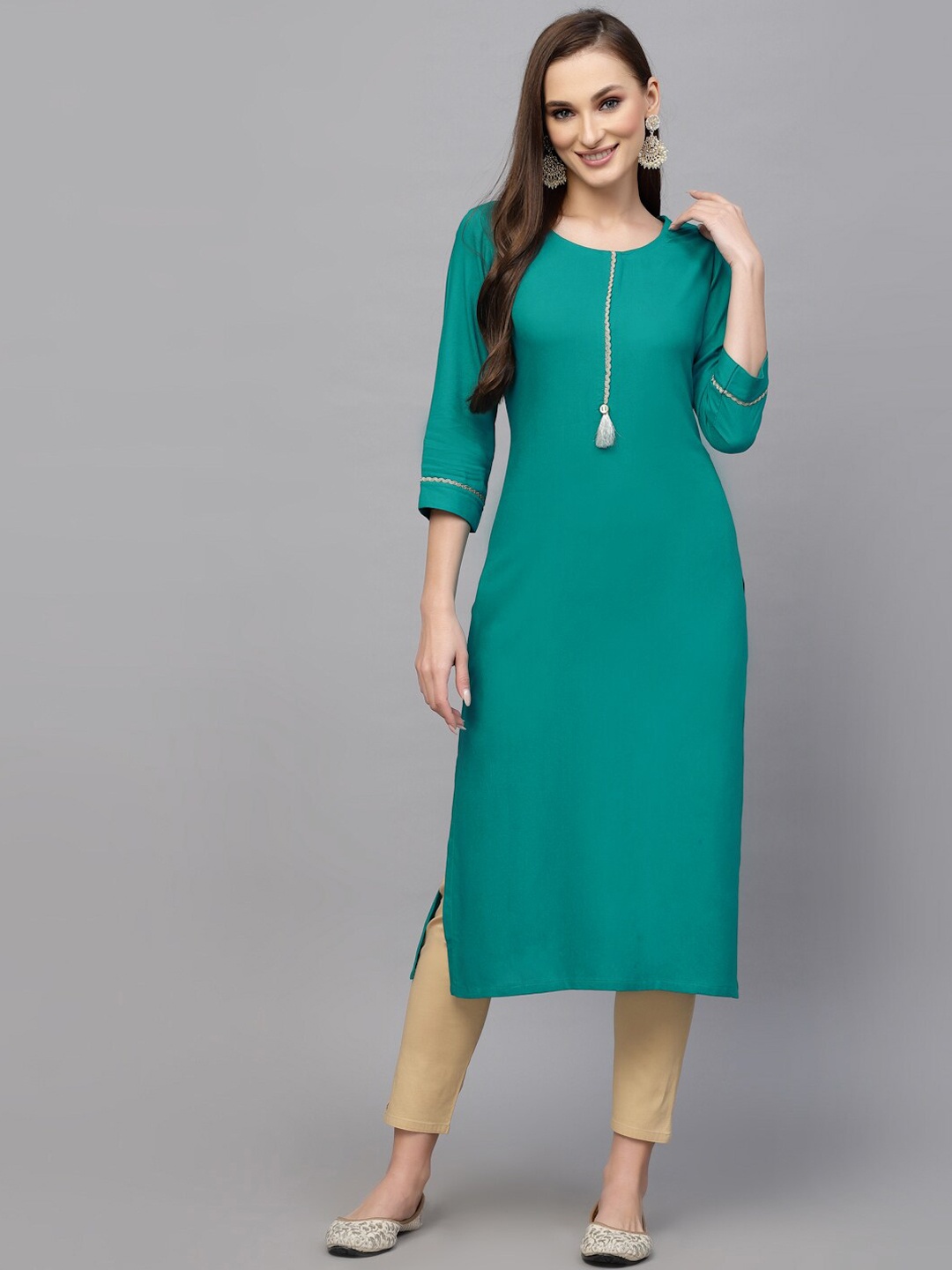 

KALINI Round Neck Straight Kurta, Turquoise blue