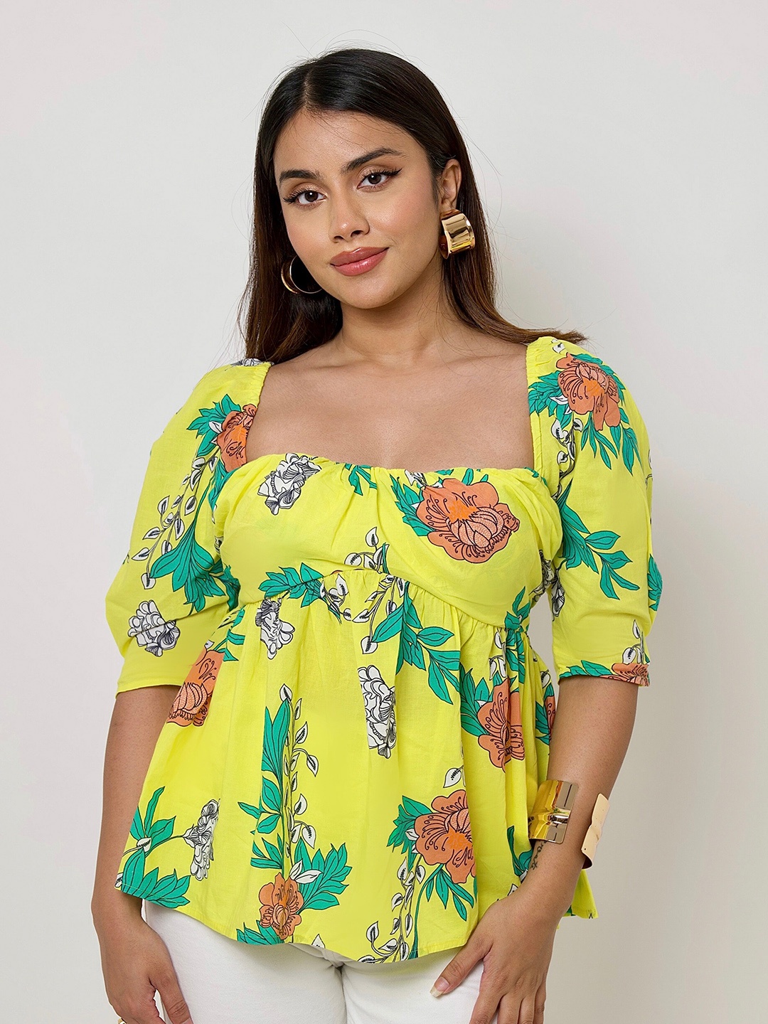 

H&M Floral Print Cambric Top, Yellow
