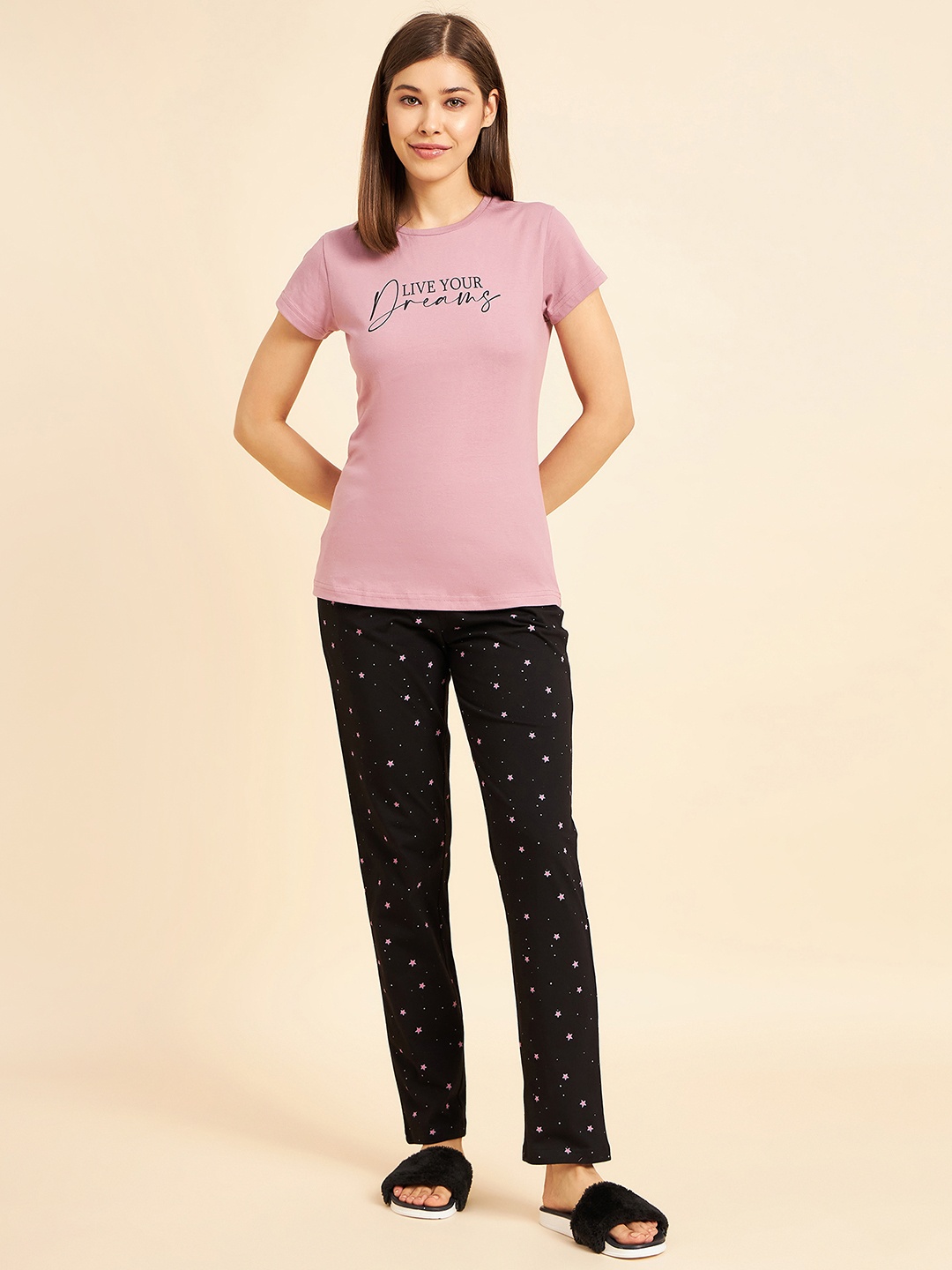 

Sweet Dreams Women Typography Printed Pure Cotton Night Suit, Pink