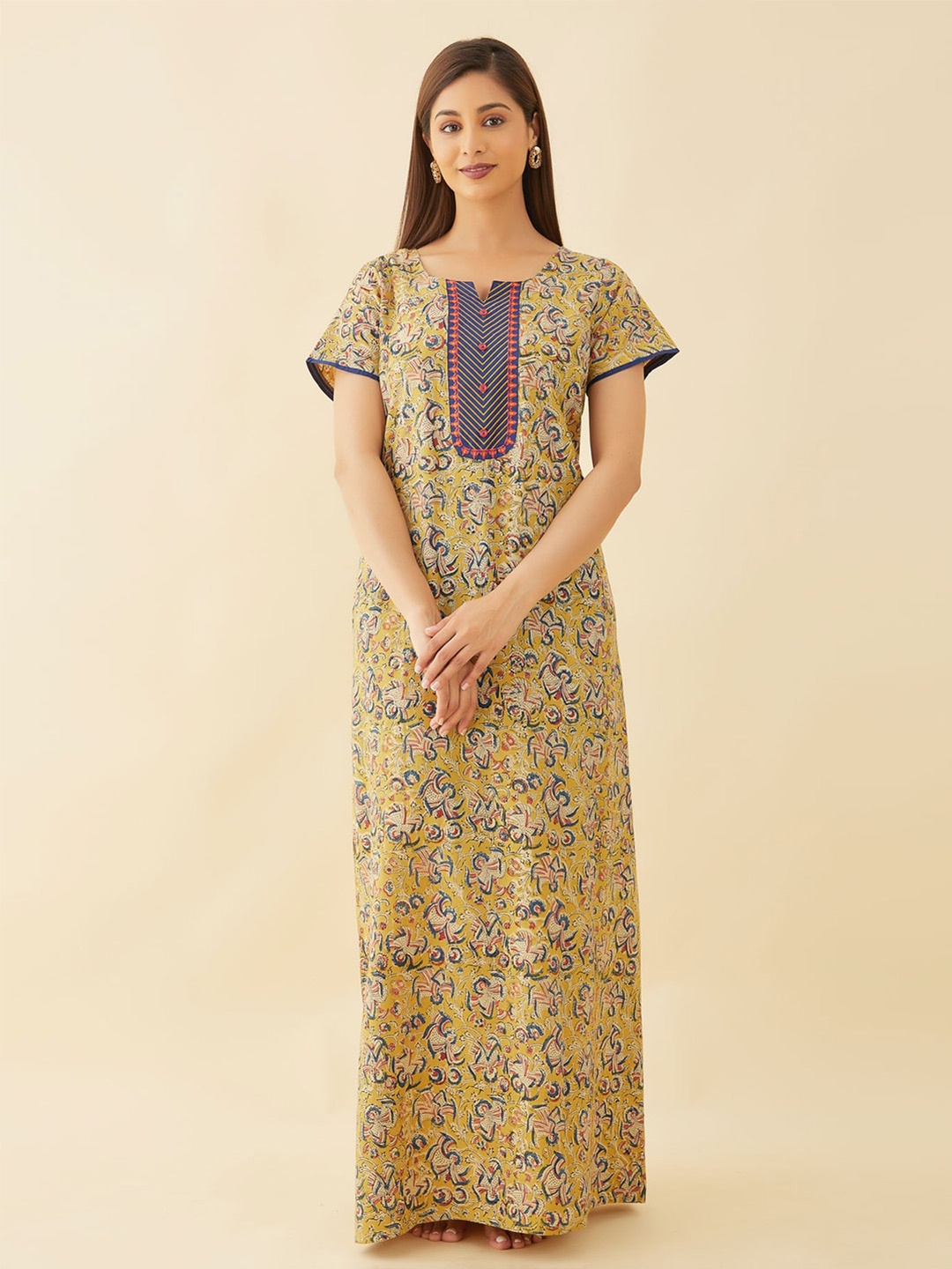 

Maybell Ethnic Motis Printed Maxi Pure Cotton Nightdress, Green