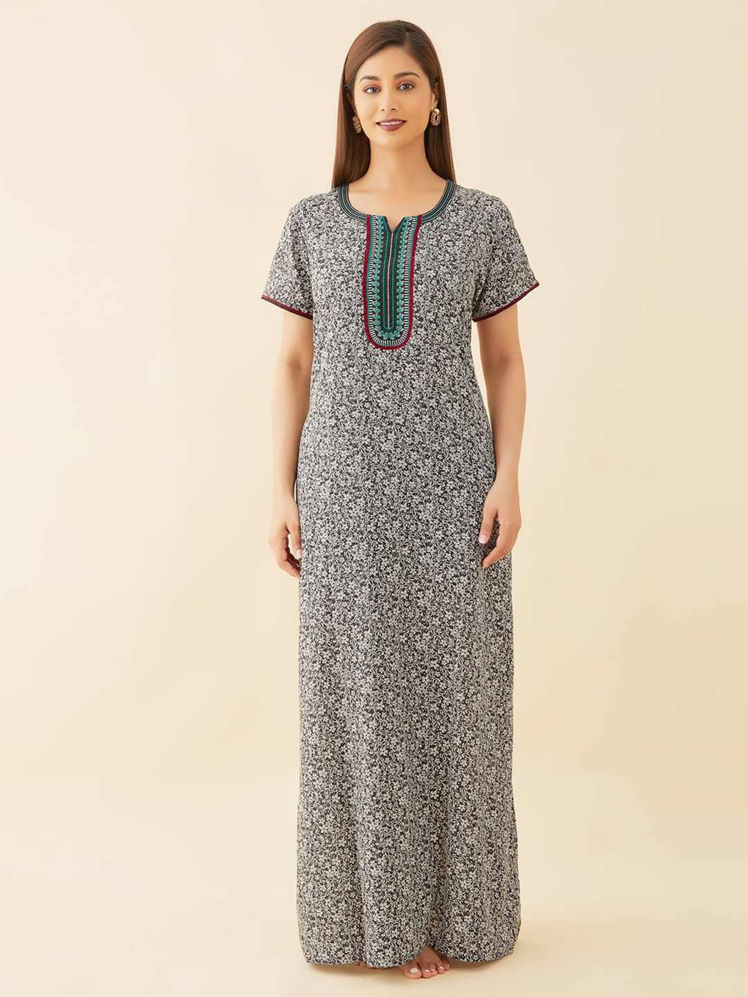 

Maybell Ethnic Motifs Printed Maxi Nightdress, Grey