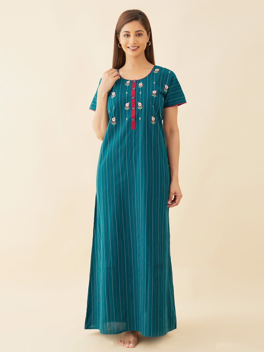 

Maybell Floral Embroidered Maxi Pure Cotton Nightdress, Teal