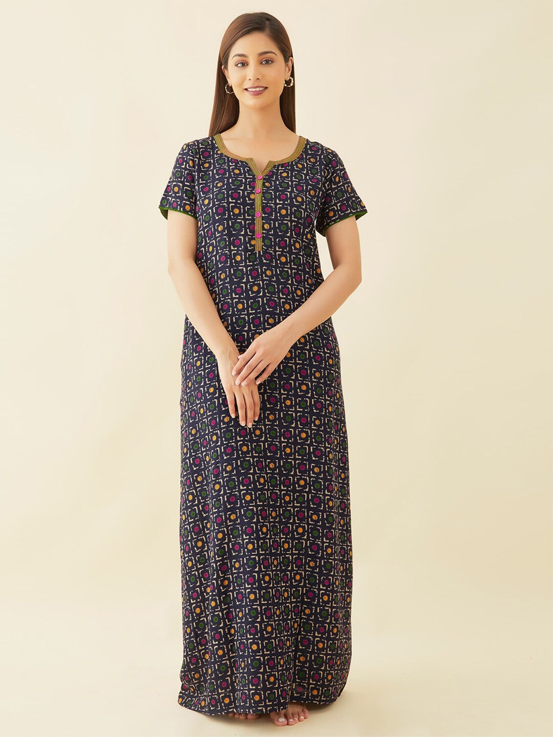 

Maybell Printed Pure Cotton Maxi Nightdress, Navy blue