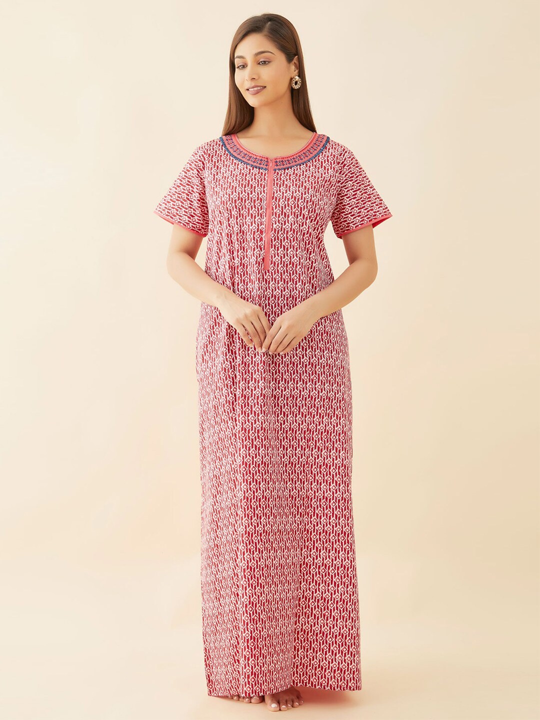 

Maybell Geometric Printed Pure Cotton Maxi Nightdress, Pink