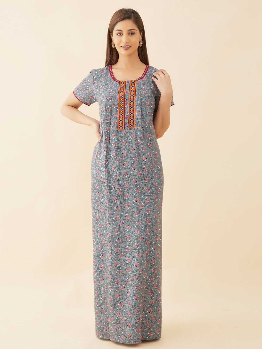

Maybell Floral Printed Pure Cotton Maxi Nightdress, Blue