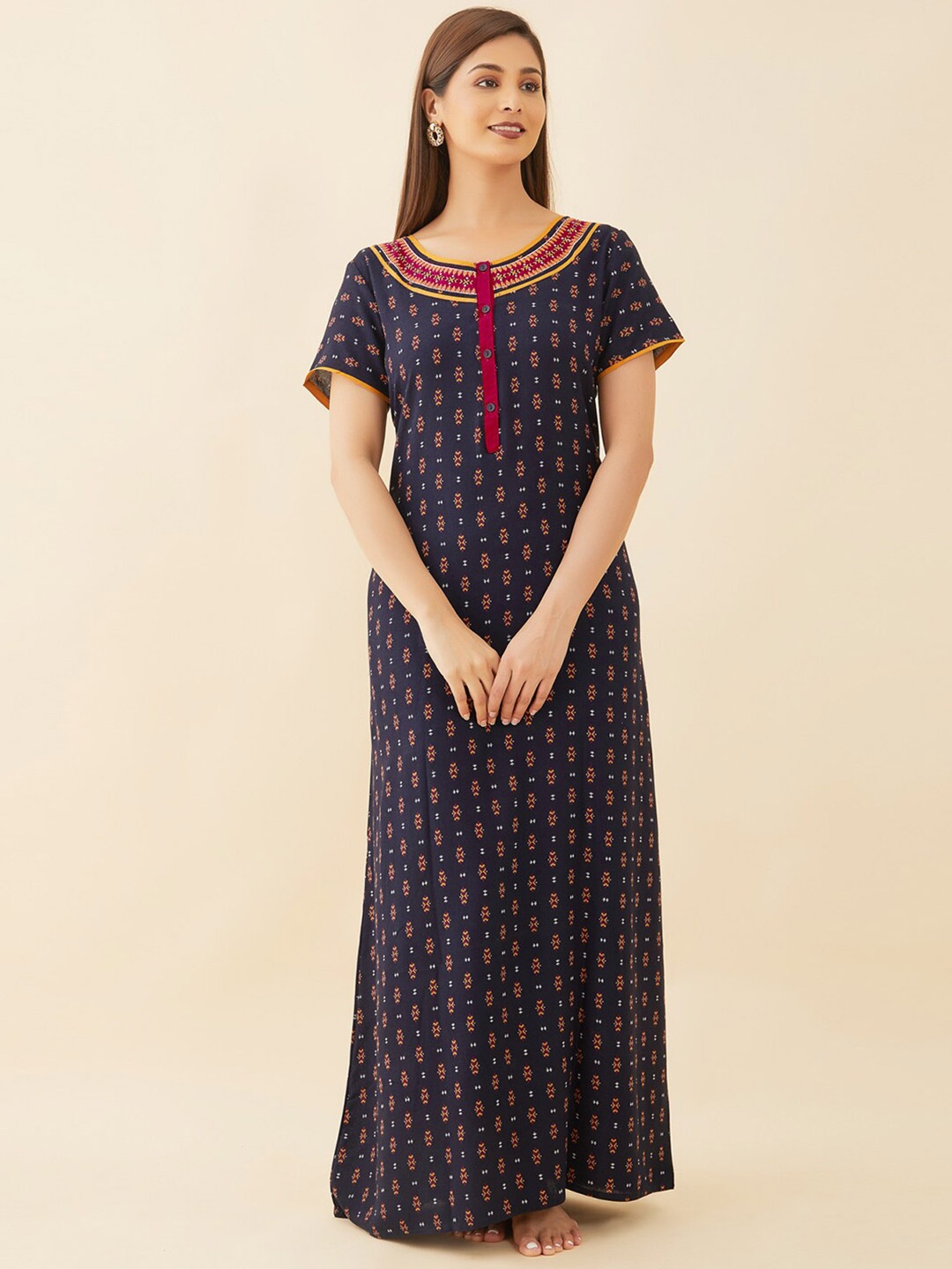 

Maybell Ethnic Motifs Printed Maxi Nightdress, Navy blue