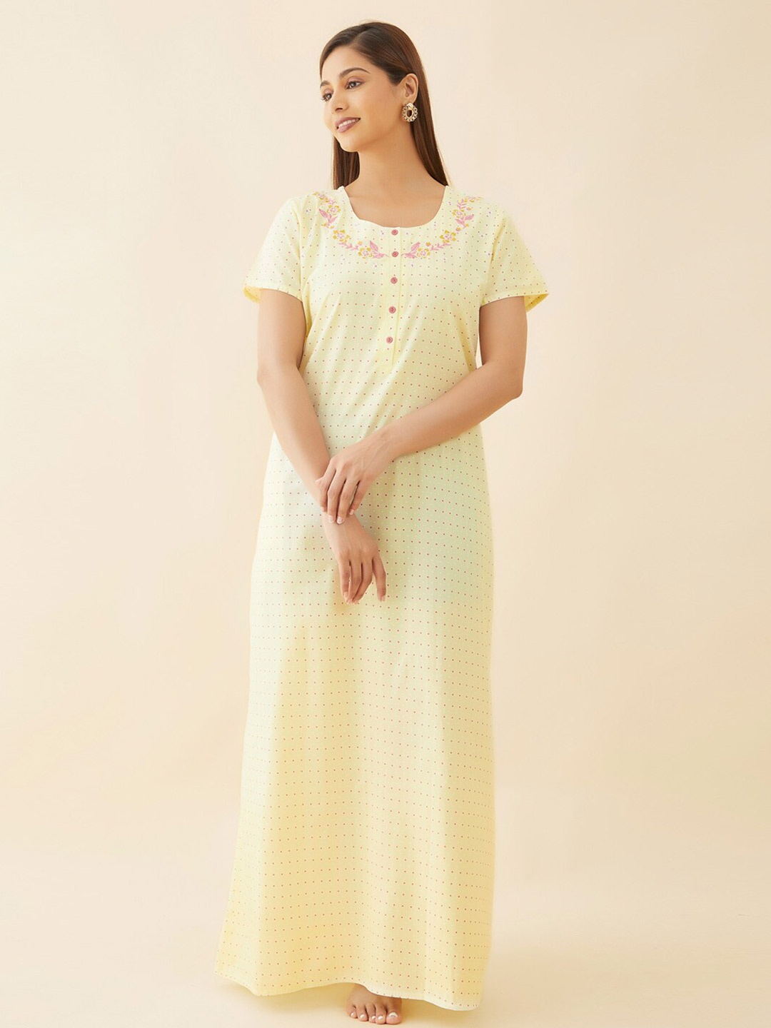 

Maybell Polka Dots Printed Pure Cotton Maxi Nightdress, Yellow
