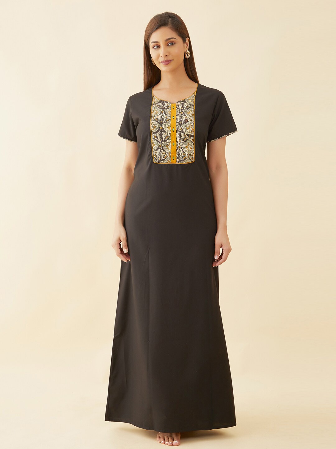 

Maybell Ethnic Motifs Printed Pure Cotton Maxi Nightdress, Black