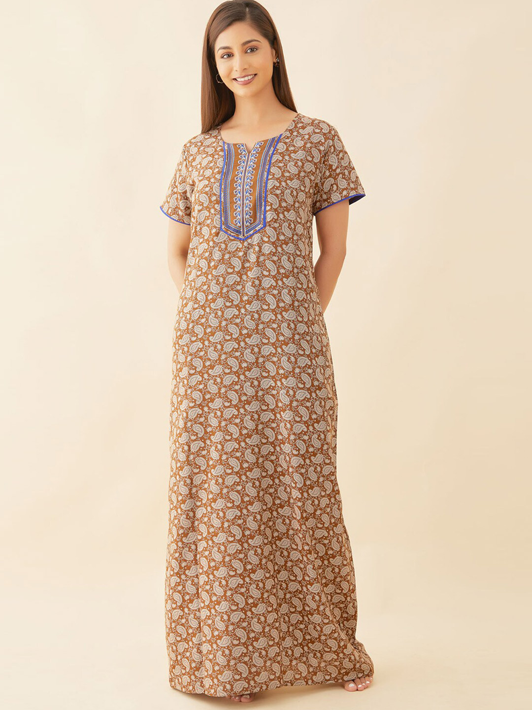 

Maybell Ethnic Motifs Printed Pure Cotton Maxi Nightdress, Brown