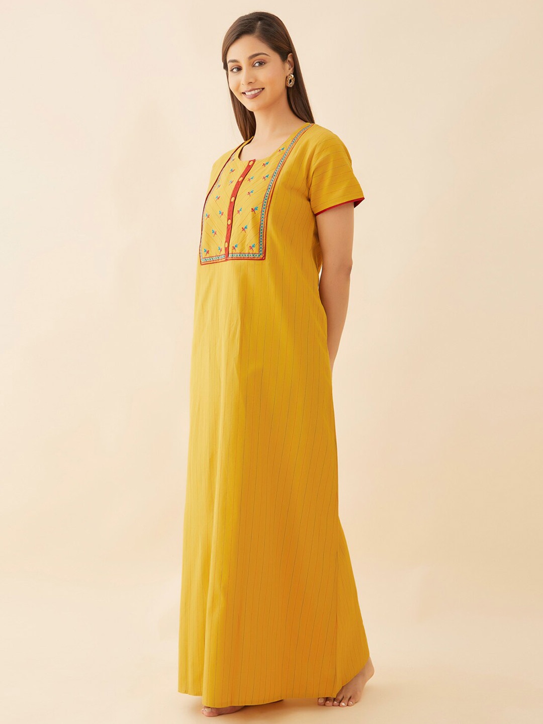 

Maybell Embroidered Pure Cotton Maxi Nightdress, Yellow