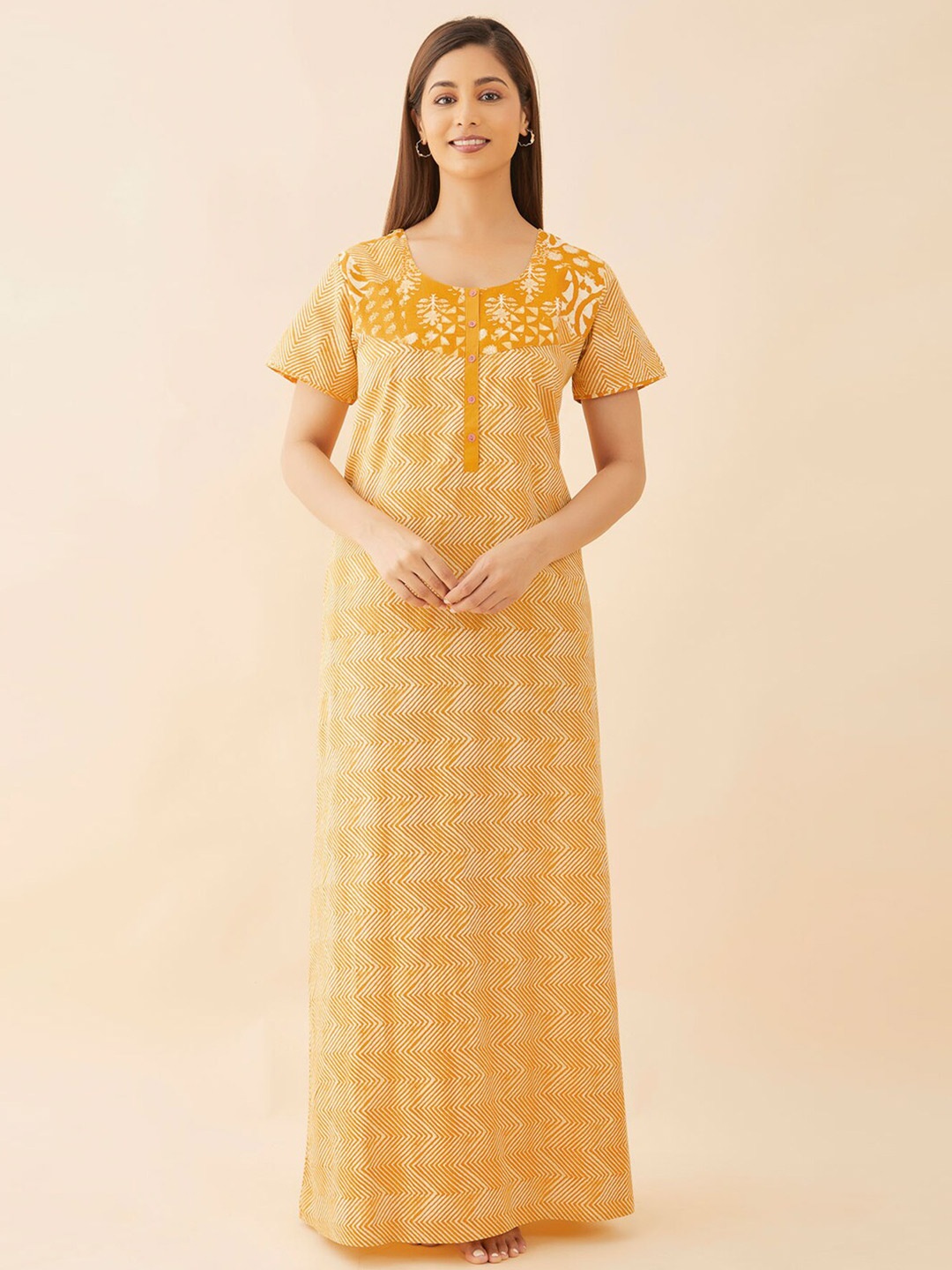 

Maybell Geometric Printed Pure Cotton Maxi Nightdress, Yellow
