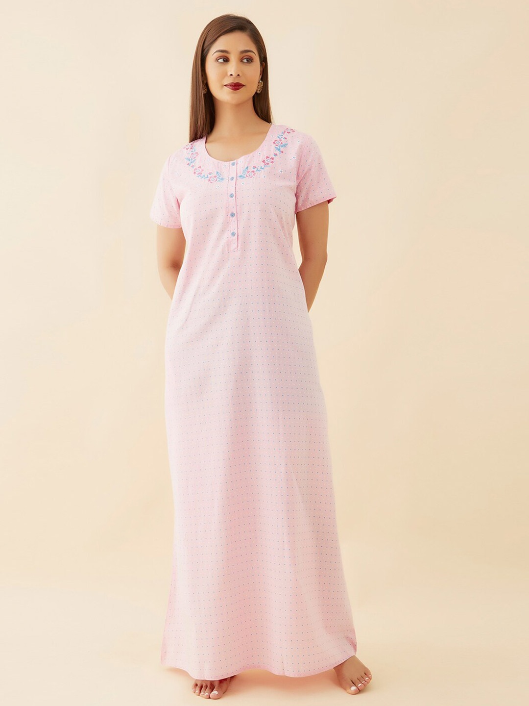 

Maybell Polka Dots Printed Pure Cotton Maxi Nightdress, Pink