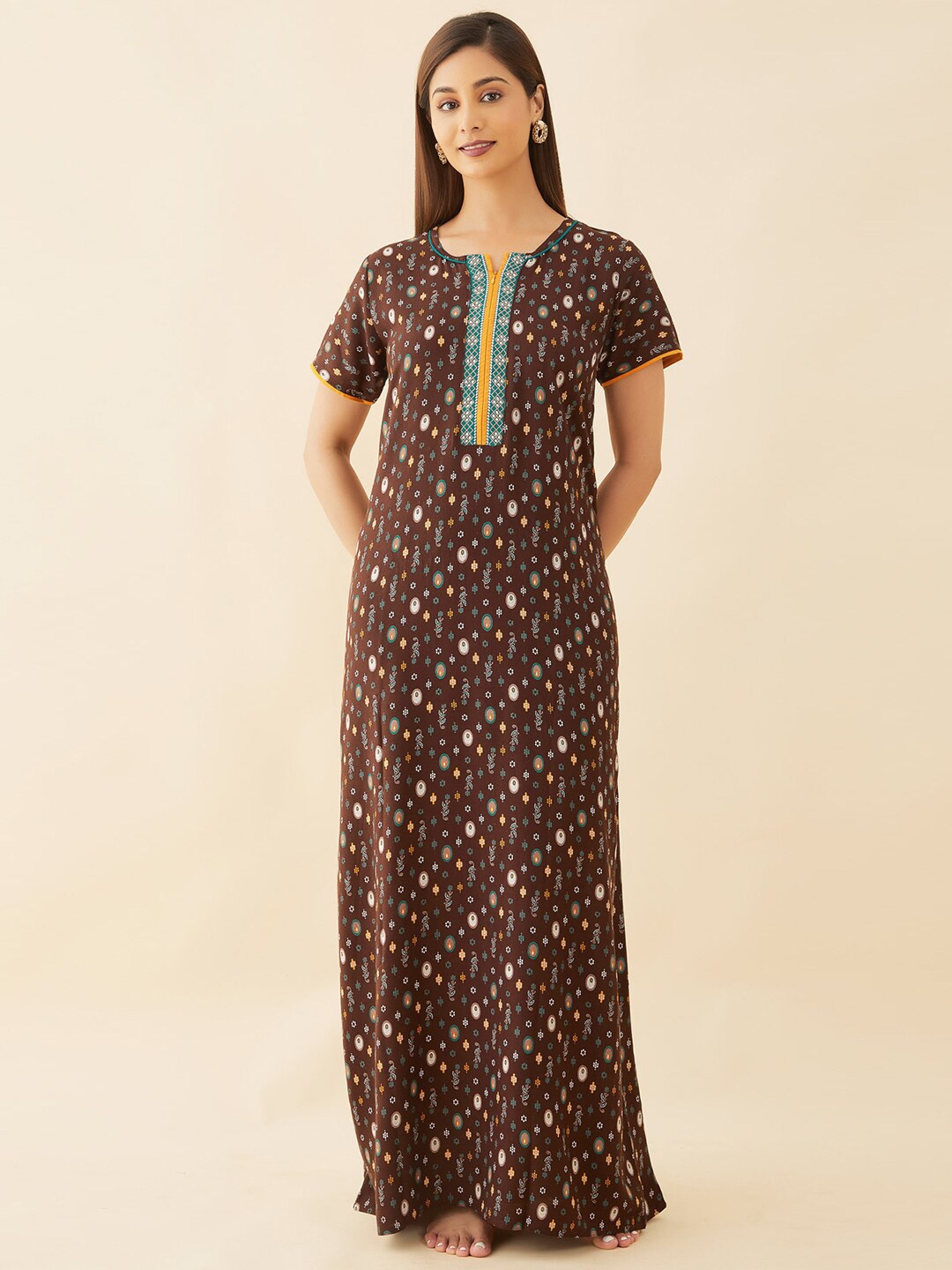

Maybell Floral Printed Maxi Nightdress, Brown