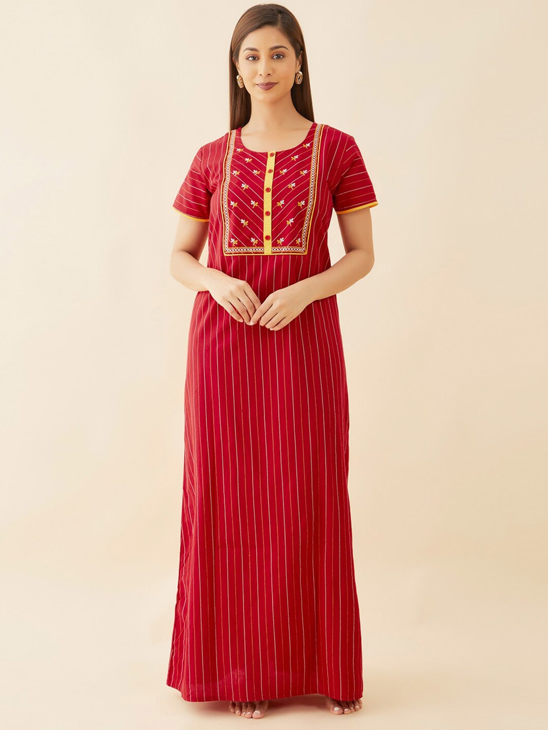 

Maybell Striped Pure Cotton Maxi Nightdress, Red