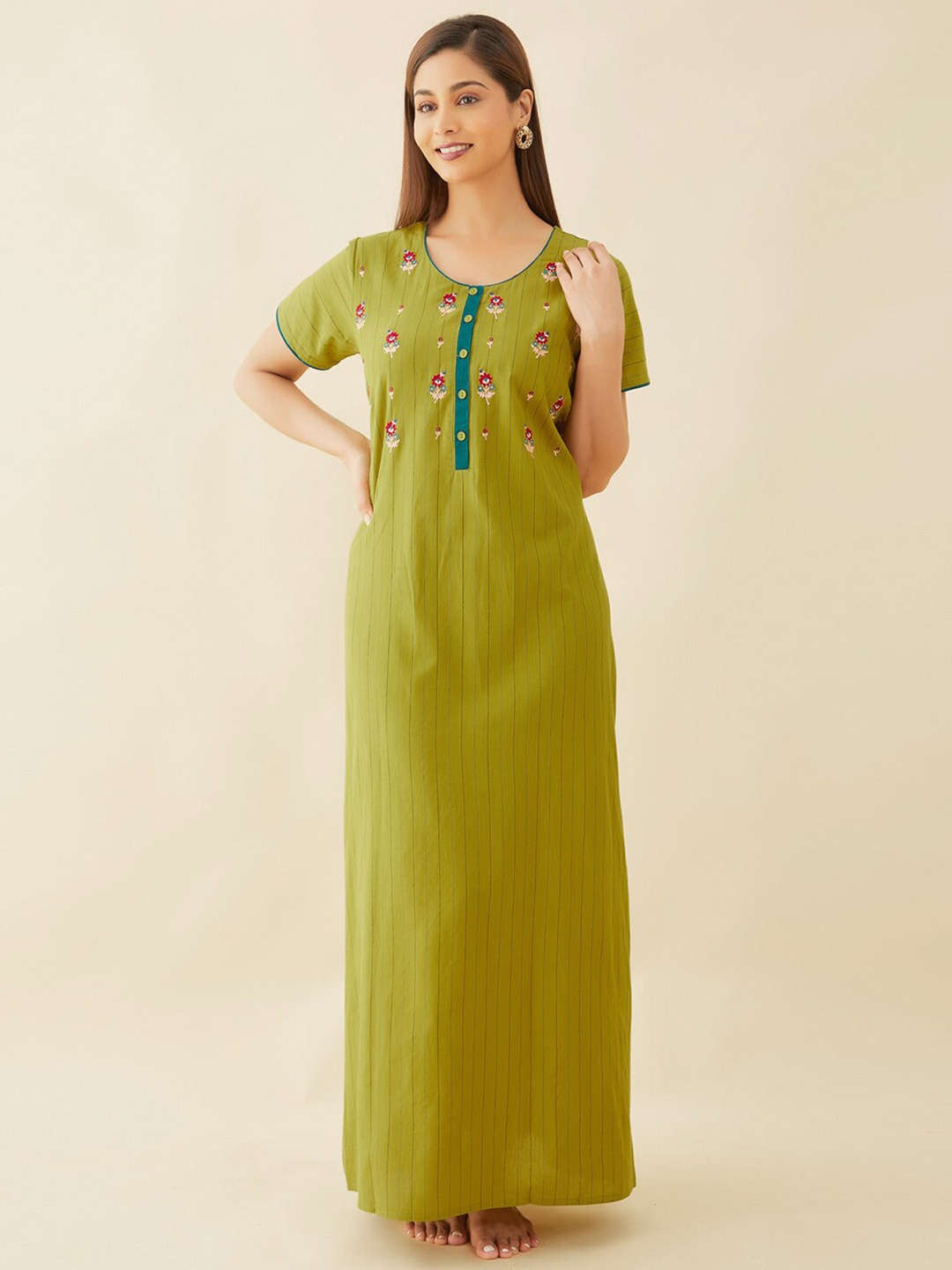 

Maybell Floral Embroidered Pure Cotton Maxi Nightdress, Green