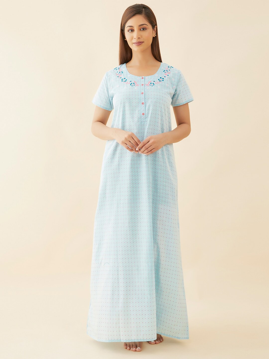 

Maybell Polka Dots Printed Pure Cotton Maxi Nightdress, Blue