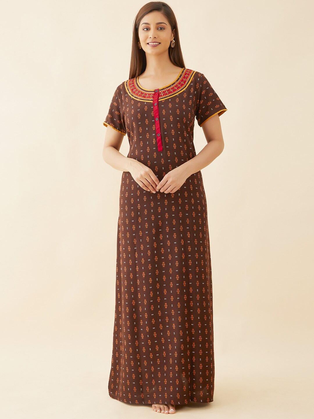 

Maybell Ethnic Motifs Printed Maxi Nightdress, Brown