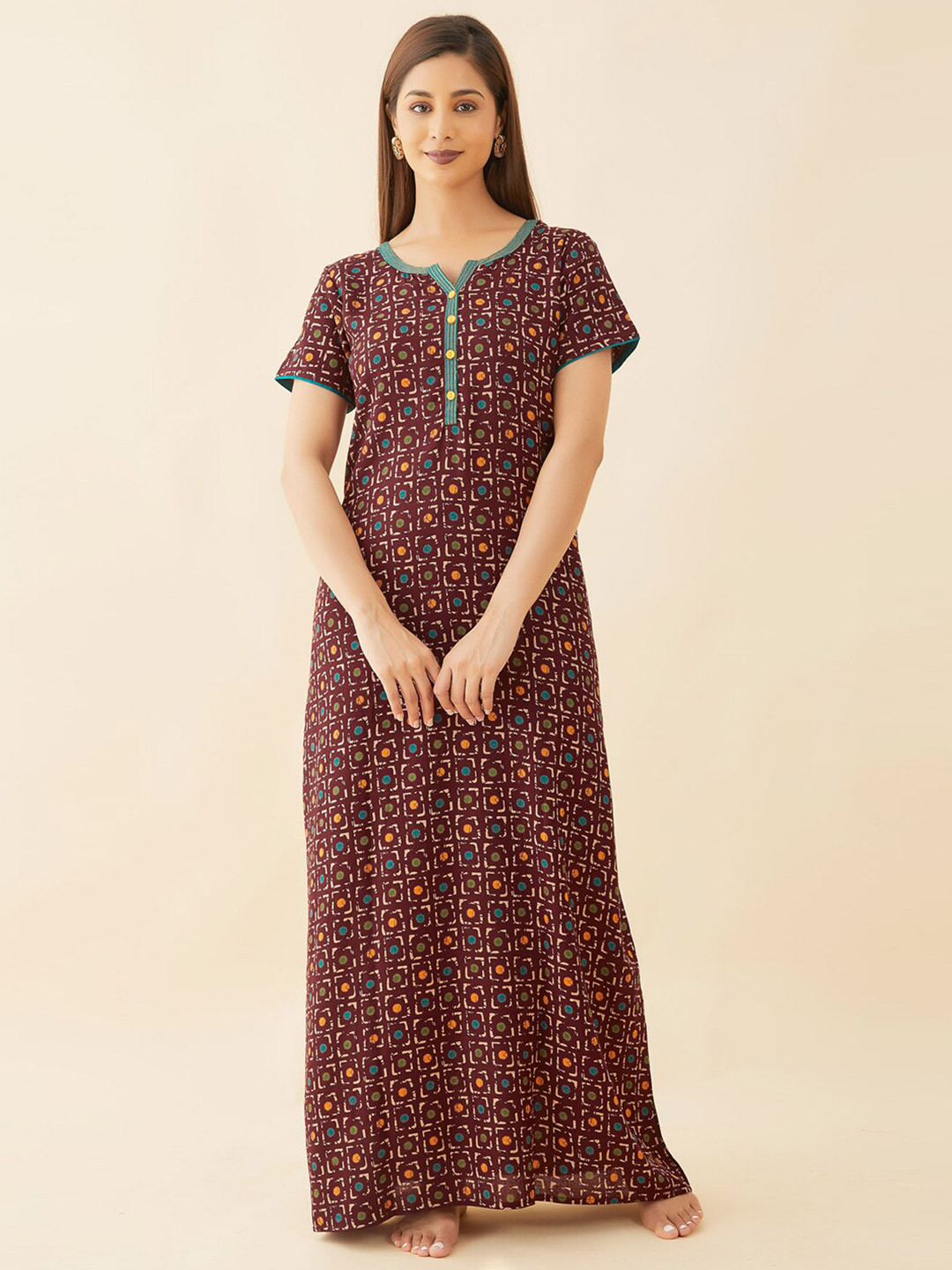 

Maybell Geometric Printed Maxi Nightdress, Maroon