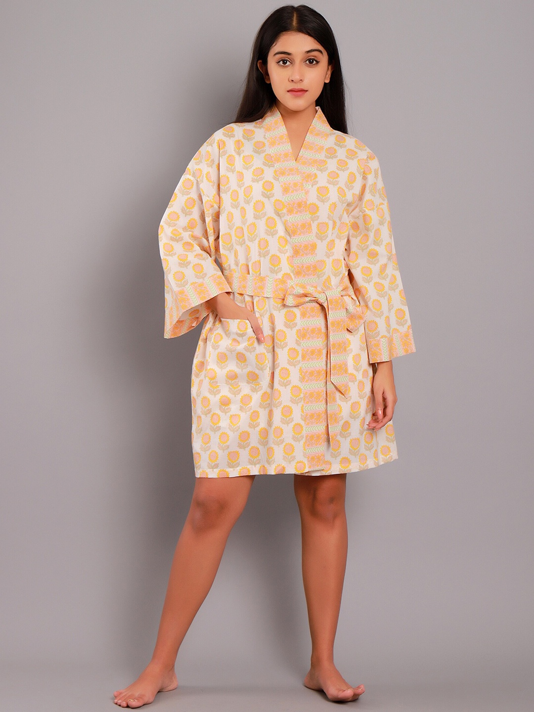 

GAURANCHE Floral Printed Pure Cotton Knee Length Robe, Beige