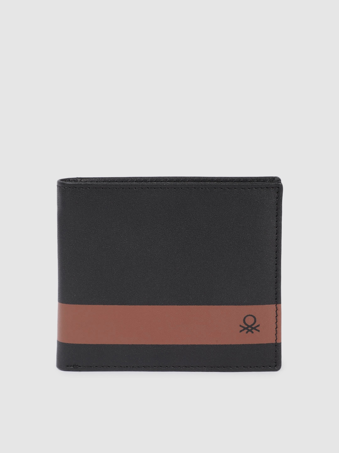 

United Colors of Benetton Men Striped Leather Two Fold Wallet, Black