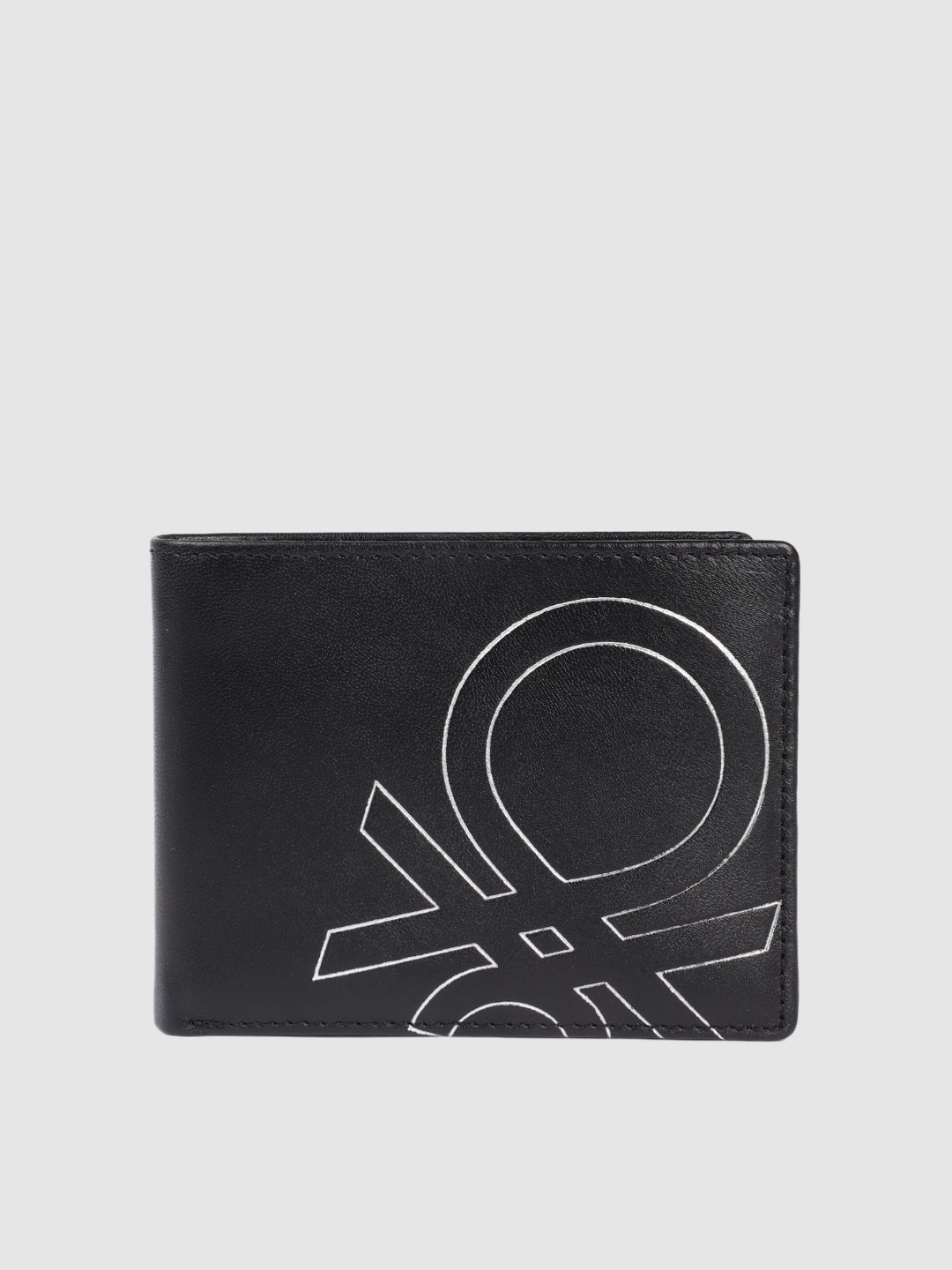 

United Colors of Benetton Men Brand Logo Metallic Print Leather Two Fold Wallet, Black