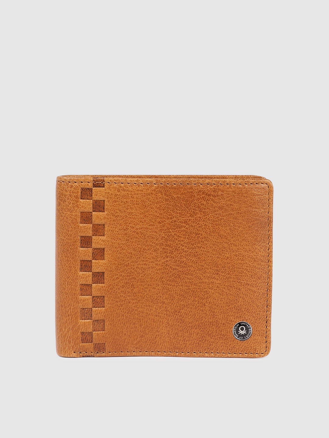 

United Colors of Benetton Men Geometric Indentations Leather Two Fold Wallet, Tan