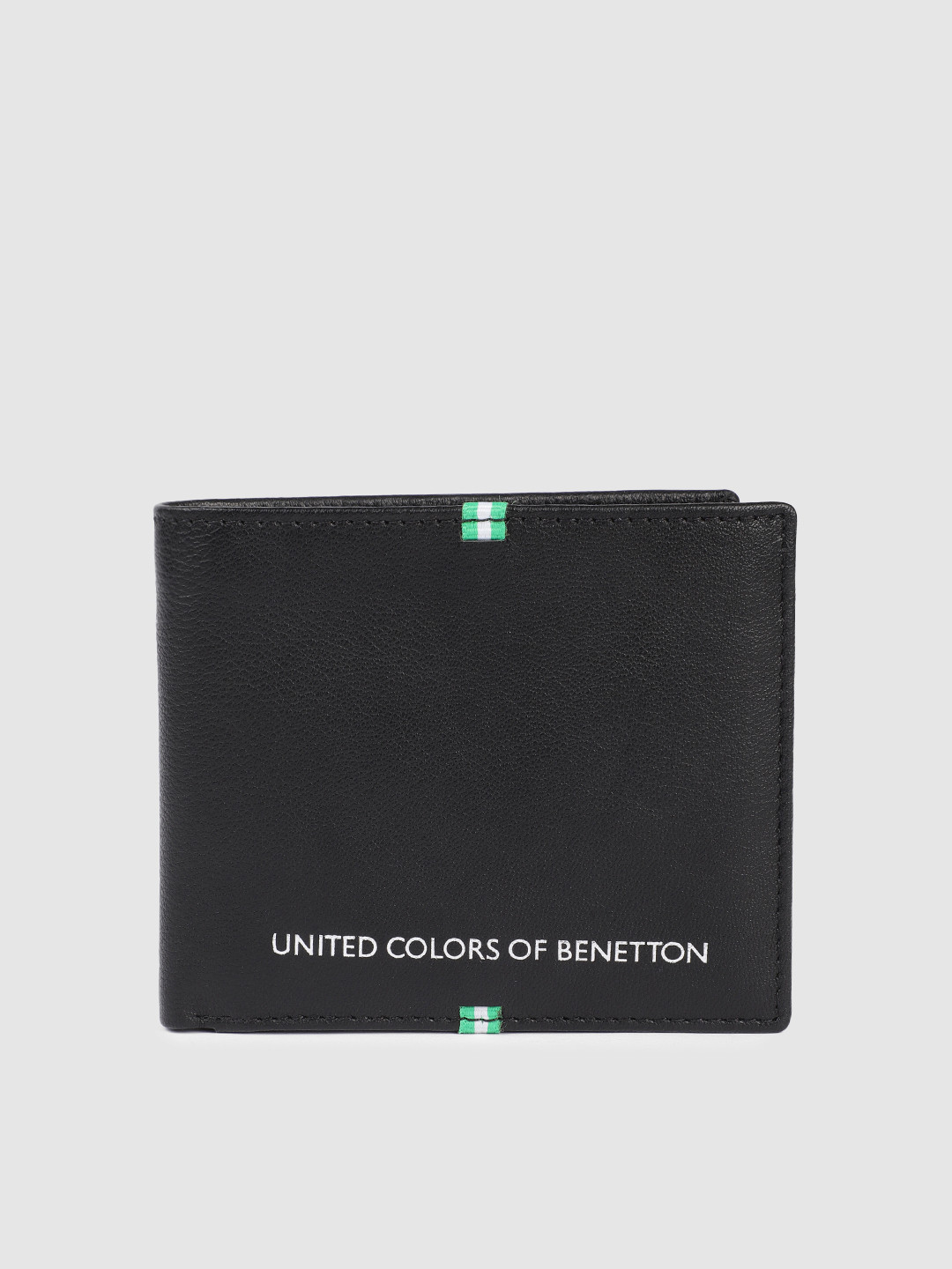 

United Colors of Benetton Men Band Logo Metallic Print Leather Two Fold Wallet, Black