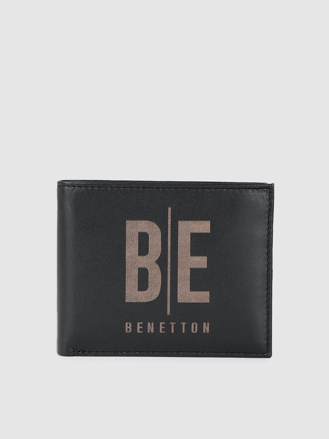 

United Colors of Benetton Men Brand Logo Printed Leather Two Fold Wallet, Black