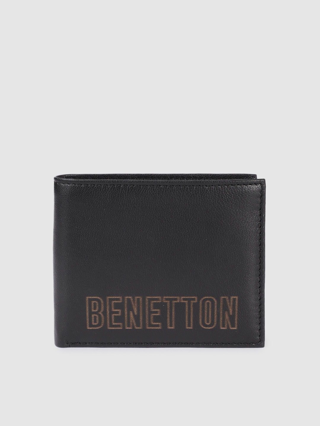 

United Colors of Benetton Men Brand Logo Printed Leather Two Fold Wallet, Black