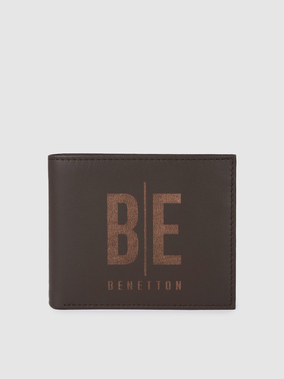 

United Colors of Benetton Men Brand Logo Printed Leather Two Fold Wallet, Brown