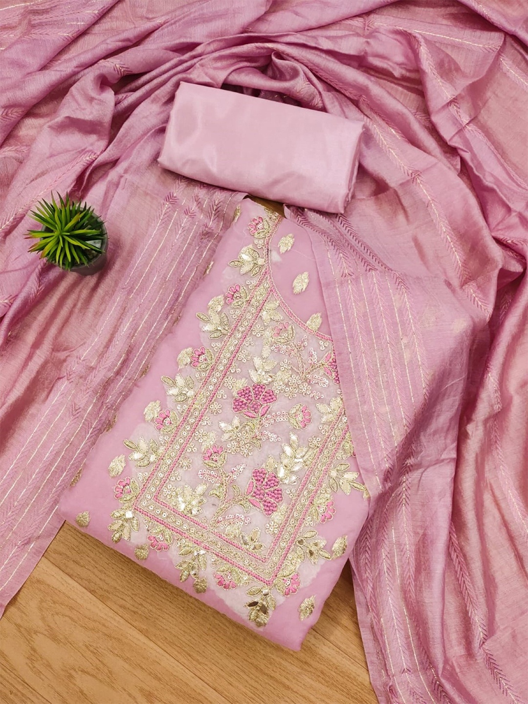 

KALINI Embroidered Organza Unstitched Dress Material, Pink