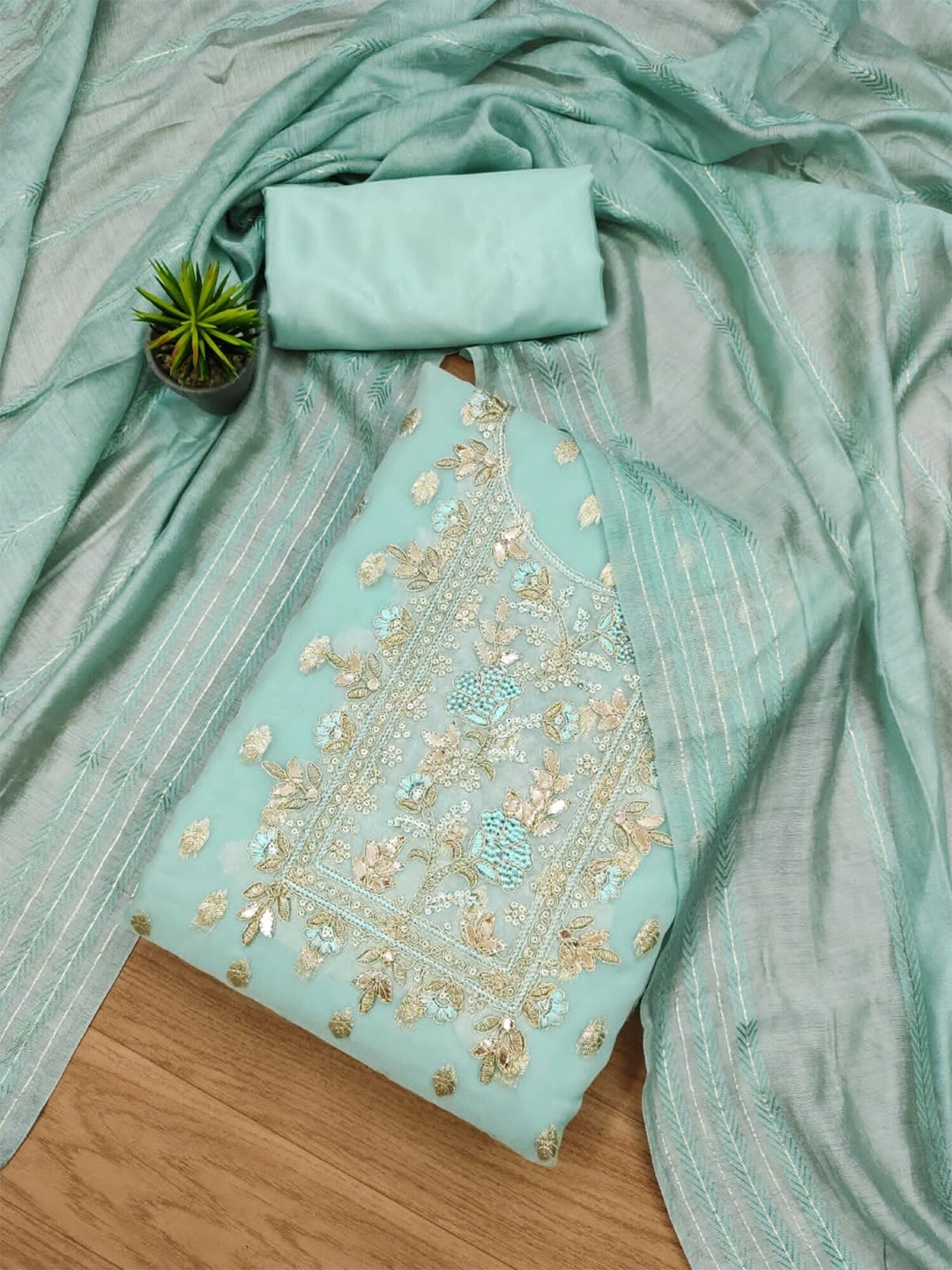 

KALINI Embroidered Organza Unstitched Dress Material, Blue