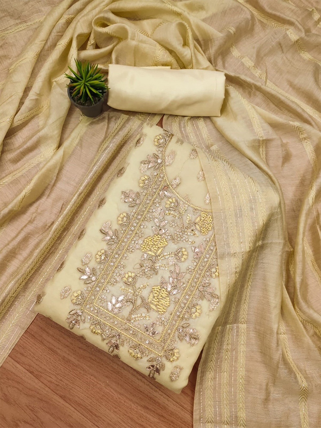 

KALINI Embroidered Organza Unstitched Dress Material, Beige