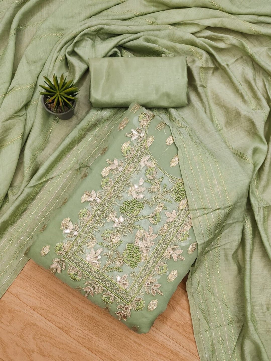 

KALINI Embroidered Organza Unstitched Dress Material, Green