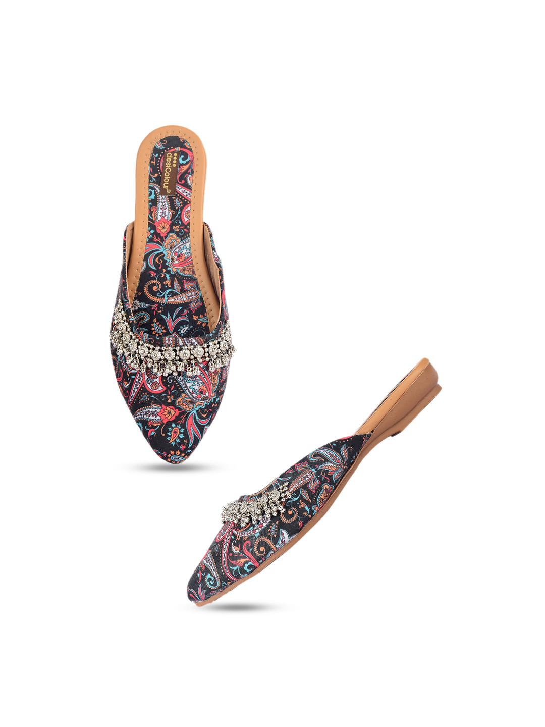 

DESI COLOUR Ethnic Motif Printed Mules Flats With Embellishment, Black