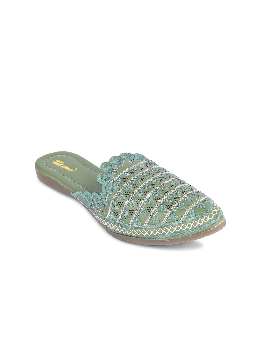 

DESI COLOUR Embellished Ethnic Mules Flats, Green