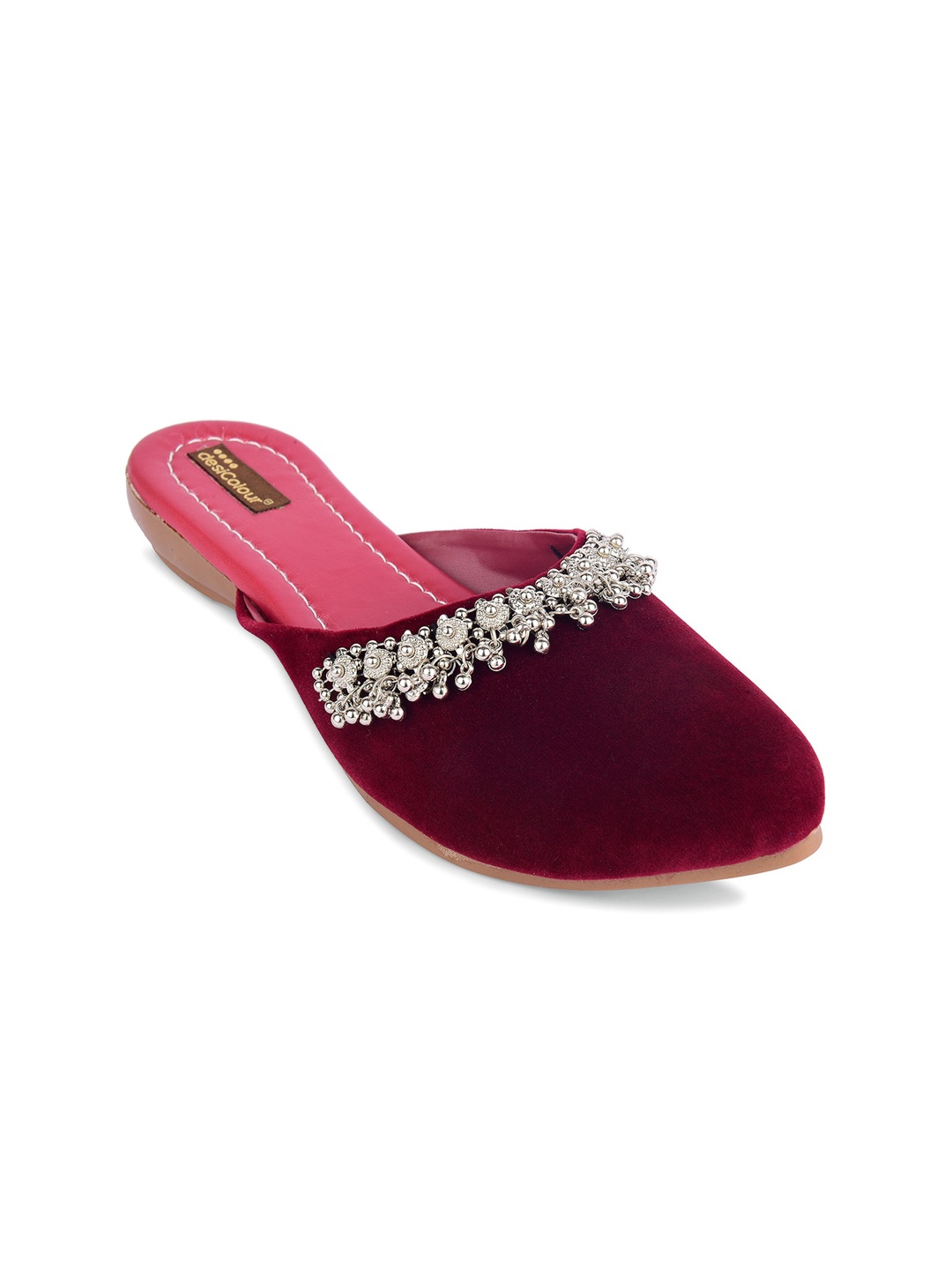 

DESI COLOUR Embellished Ethnic Mules Flats, Maroon