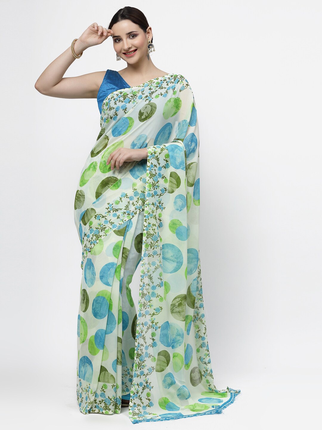 KALINI Floral Printed Saree, White
