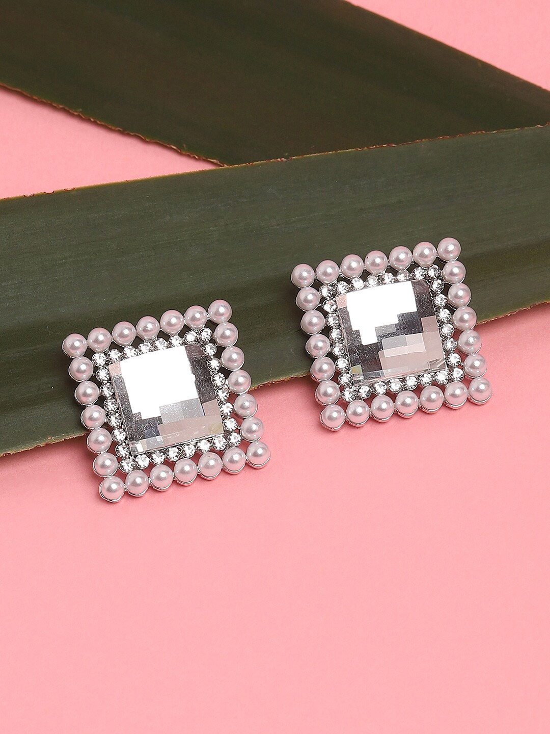 

SOHI Silver-Plated Square Studs Earrings