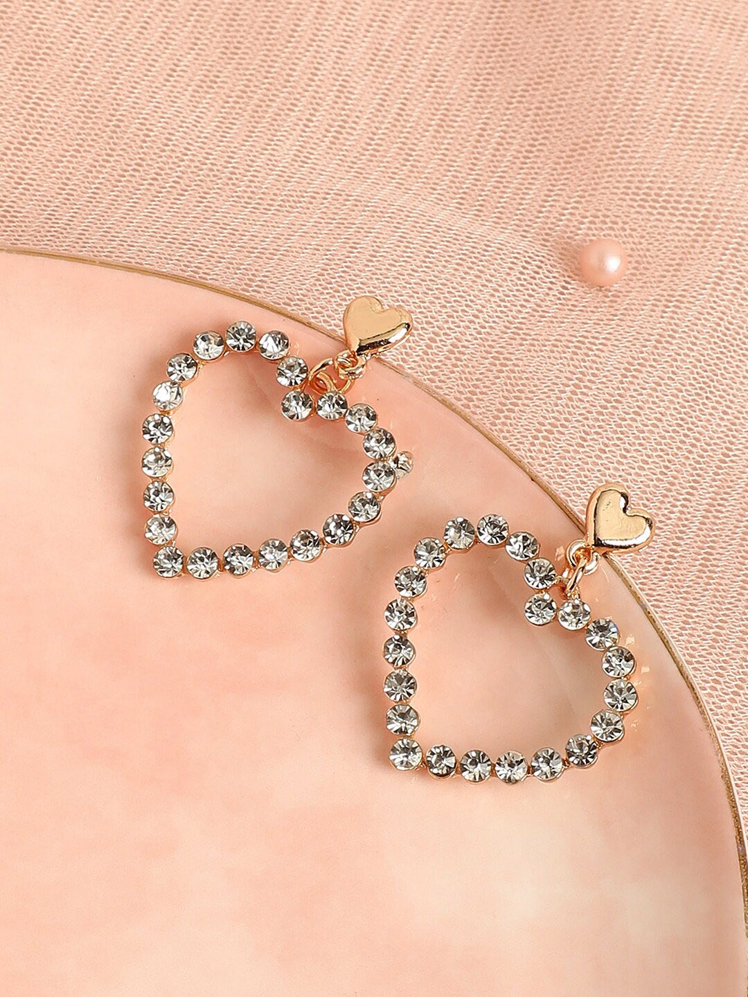 

SOHI Gold-Plated Stone-Studded Heart Shaped Drop Earrings