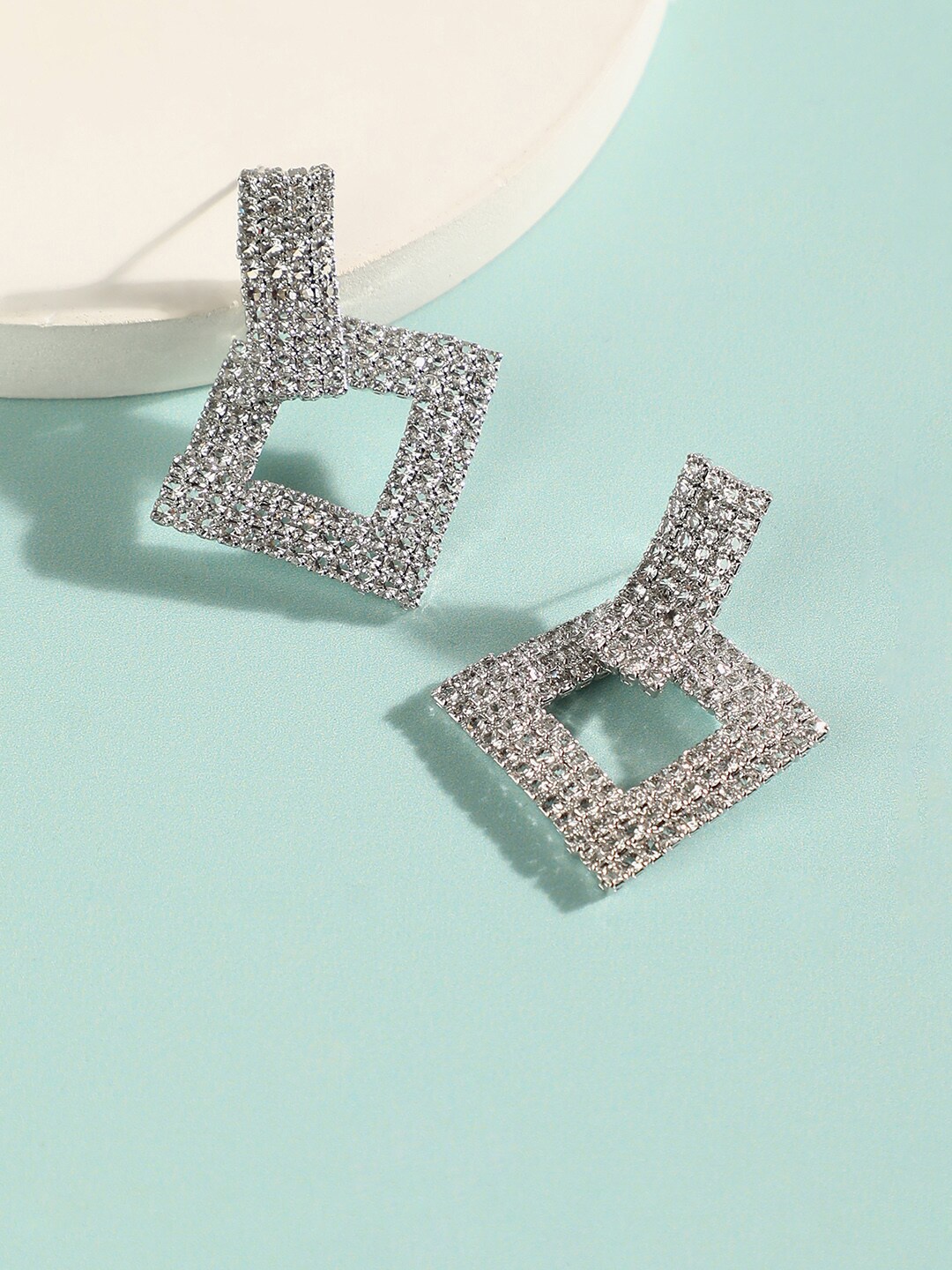

SOHI Silver-Toned Diamond Shaped Drop Earrings