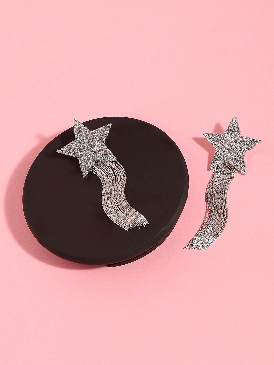 

SOHI Silver-Plated Stone Studded Star Shaped Tasselled Drop Earrings