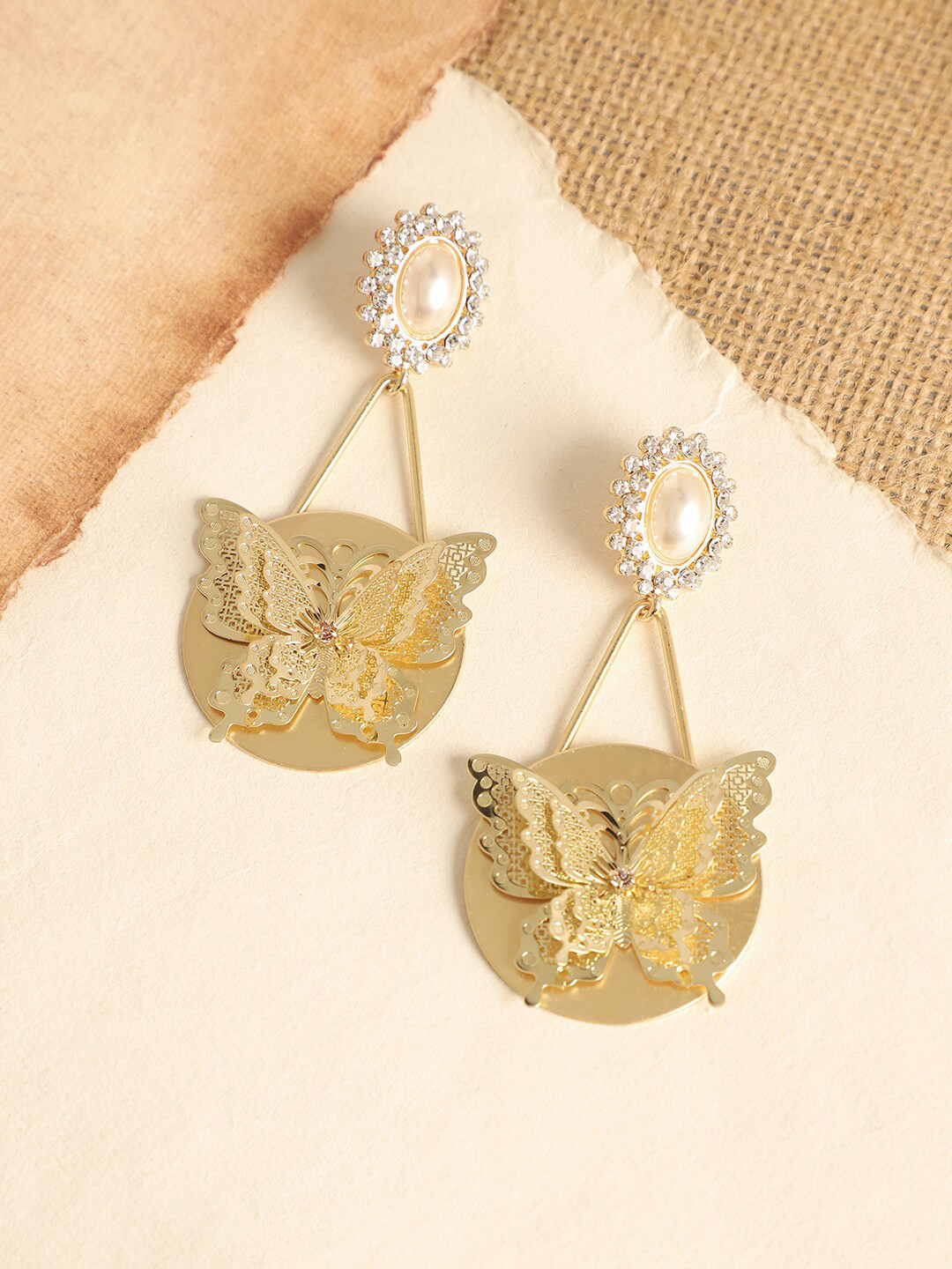 

SOHI Gold-Plated Stone Studded & Beaded Butterfly Shaped Drop Earrings