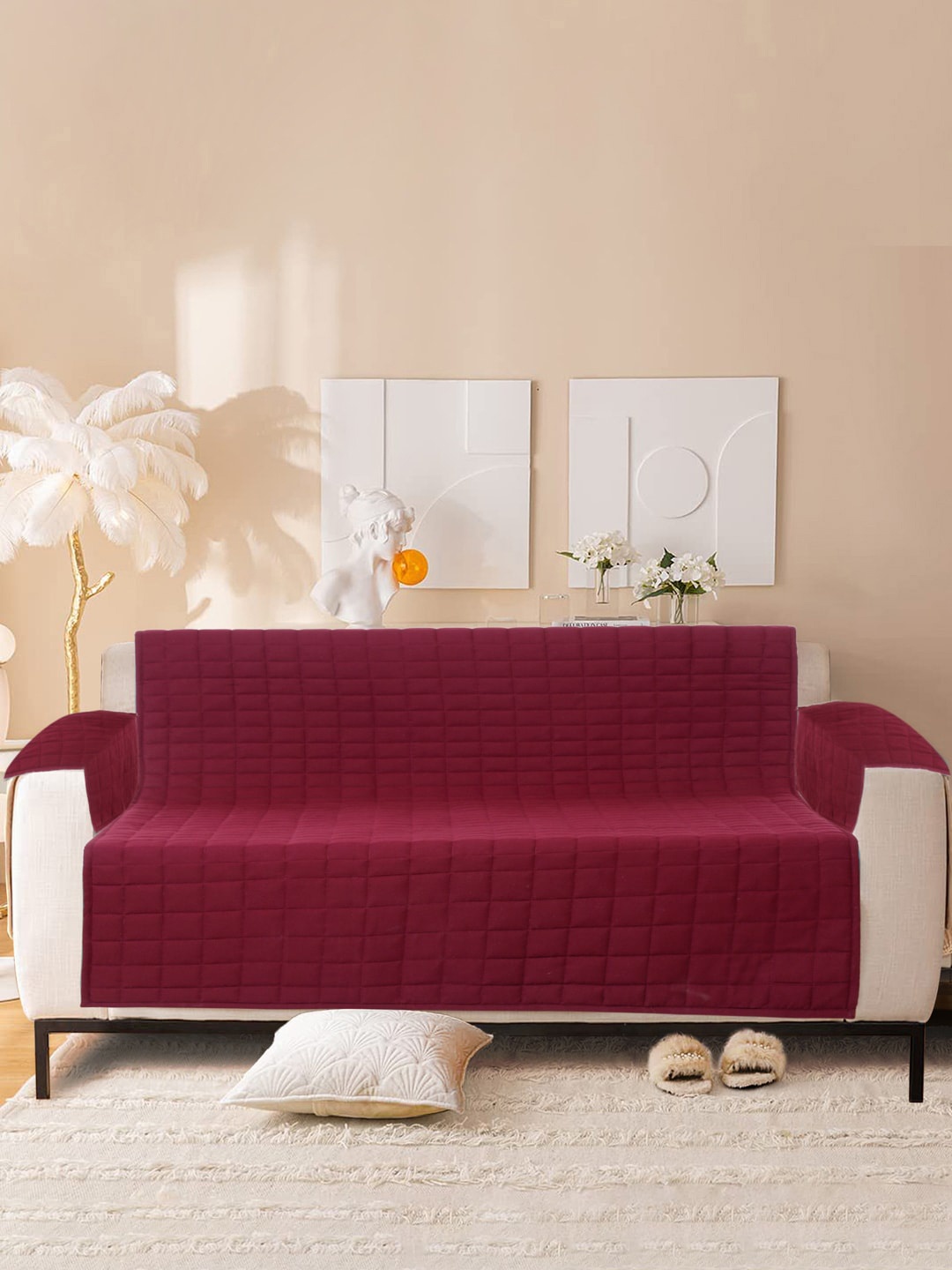 

Rajasthan Decor Maroon Checked Cotton 2 Seater Sofa Covers