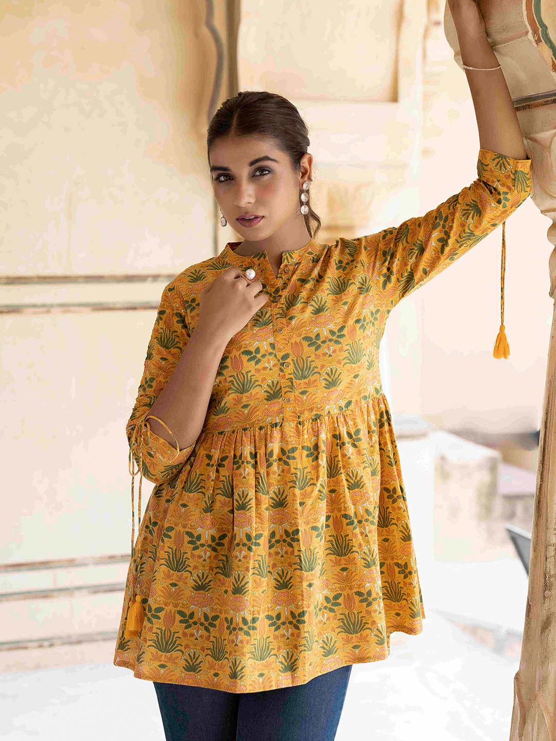 

Ragavi Floral Printed Pleated A-Line Cotton Top, Mustard