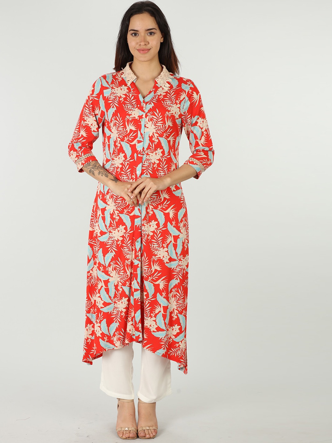 

Mustard Floral Printed Mandarin Collar Kurta, Red