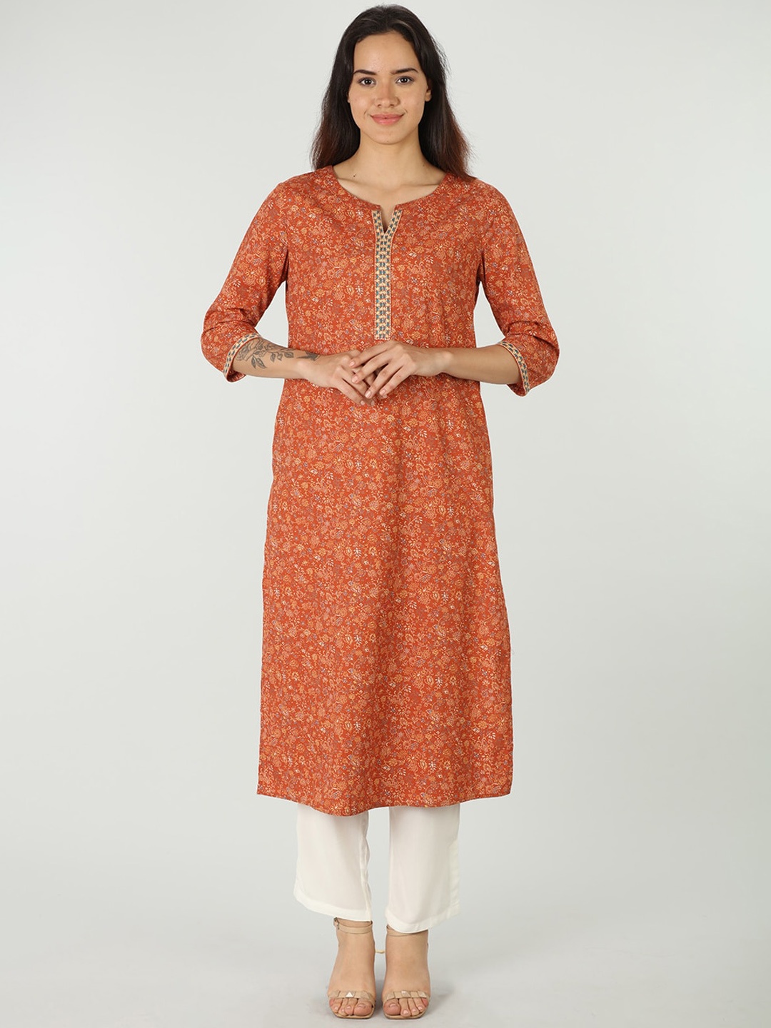 

Mustard Floral Printed Straight Cotton Kurta, Red