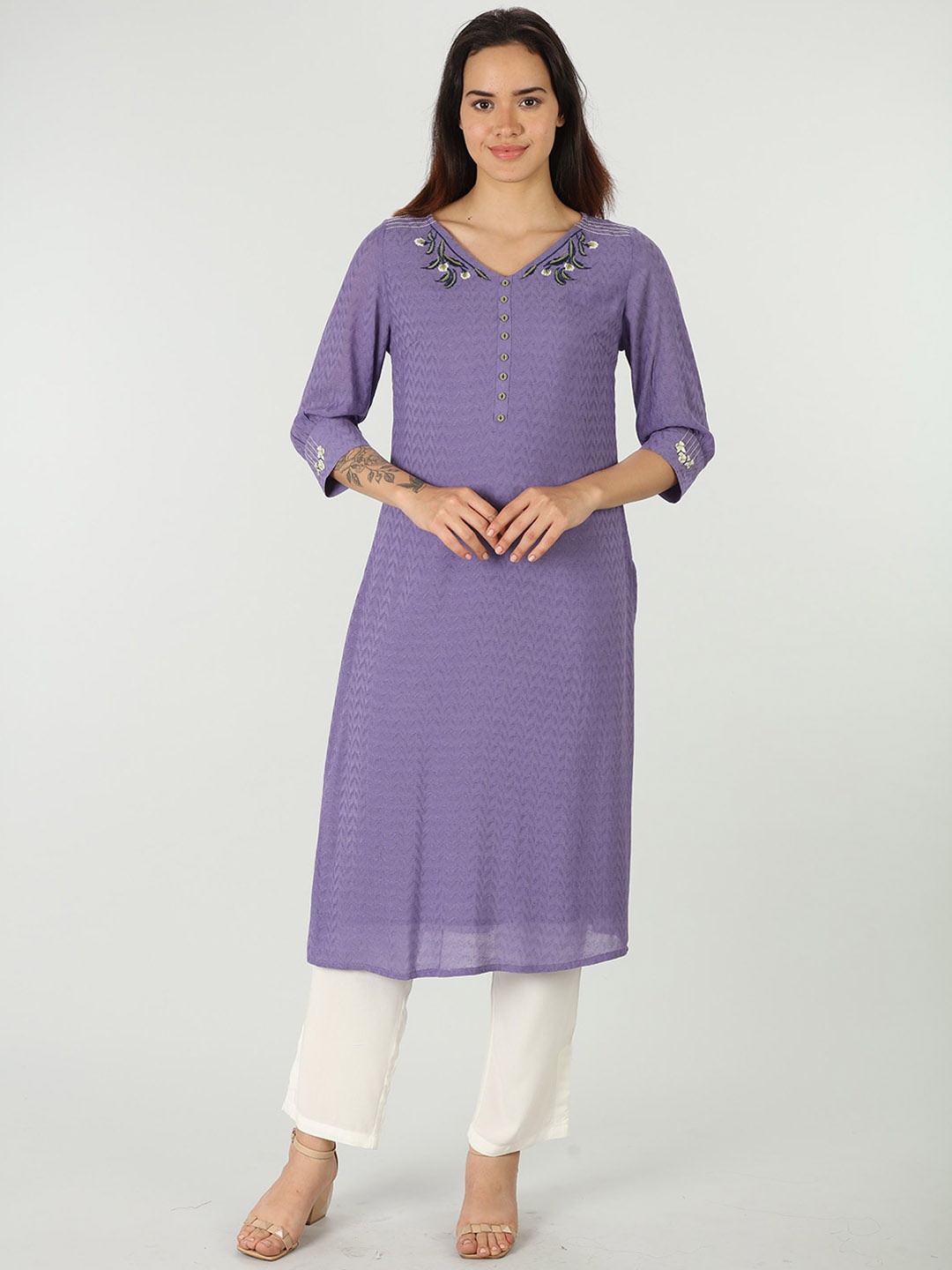 

Mustard V-Neck Regular Kurta, Purple