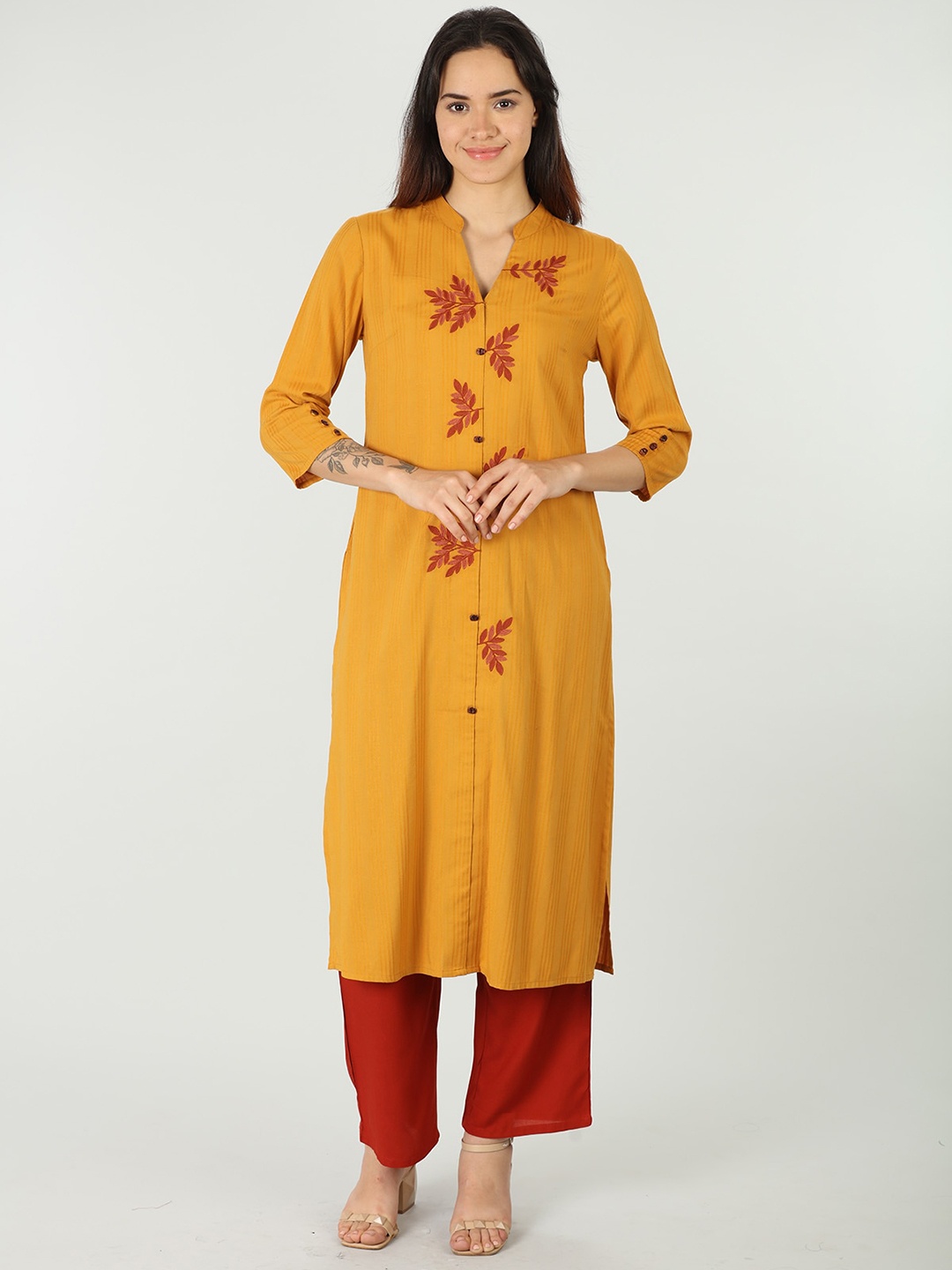 

Mustard Women Embroidered Straight Kurta, Yellow