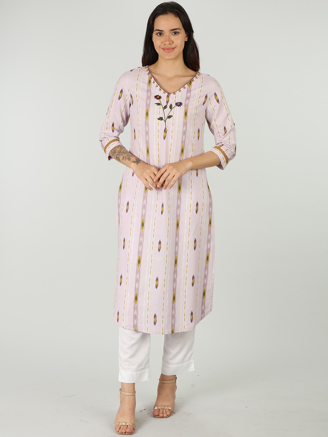 

Mustard Floral Printed Keyhole Neck Kurta, Purple
